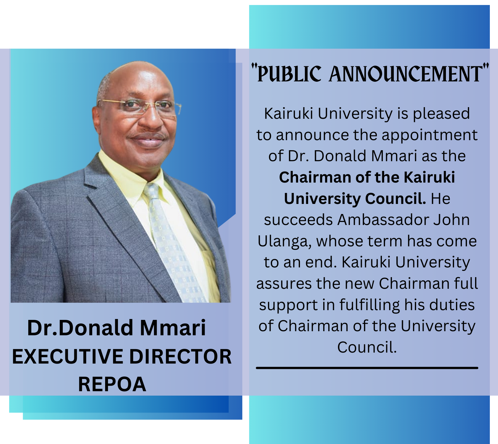 Appointed Kairuki University Council Chairman